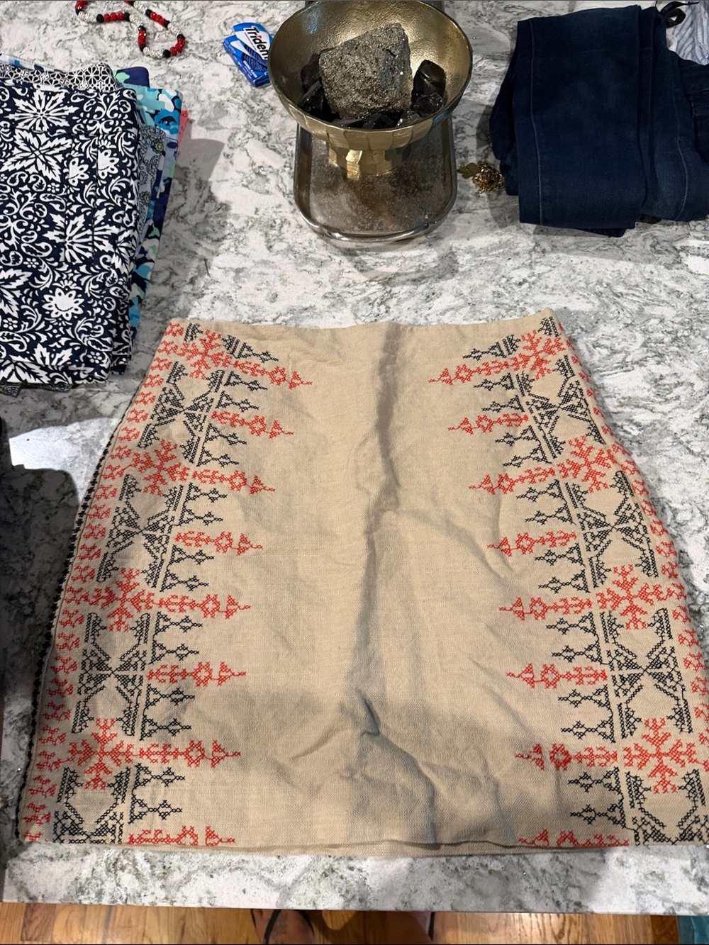 Loft 8 Beige Embroidered Mini Skirt with Coral and Black Pattern